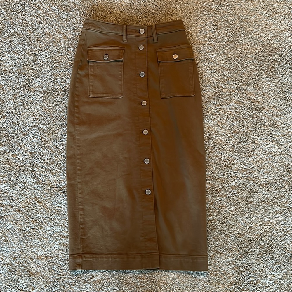 BANANA REPUBLIC BROWN OLIVE BUTTON DOWN STRETCHY MIDI SKIRT SIZE 2